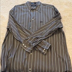 Faconnable Men’s XXL Brown Chocolate Shirt Ivory & Light Blue Pinstripe Cotton